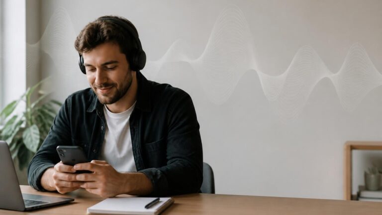 Pessoa em ambiente de trabalho usando fone de ouvido e smartphone, com ondas sonoras sutis ao fundo.