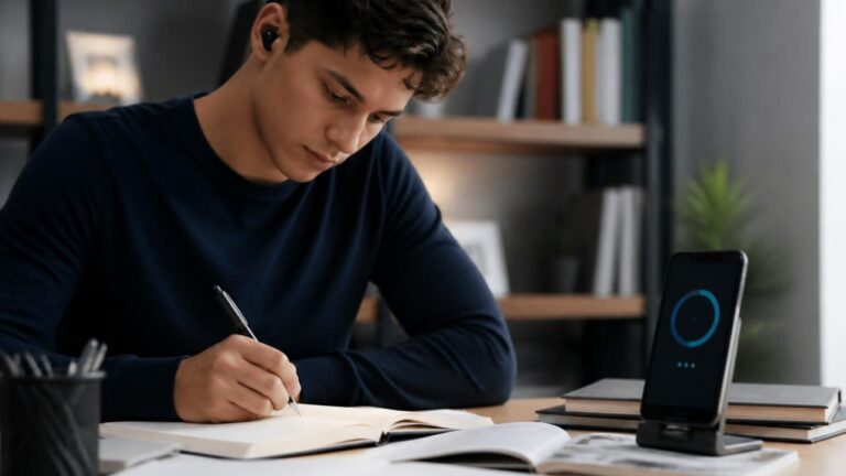 Pessoa estudando concentrada com fone de ouvido e um celular ao lado exibindo um temporizador de foco