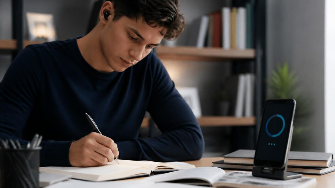 Pessoa estudando concentrada com fone de ouvido e um celular ao lado exibindo um temporizador de foco