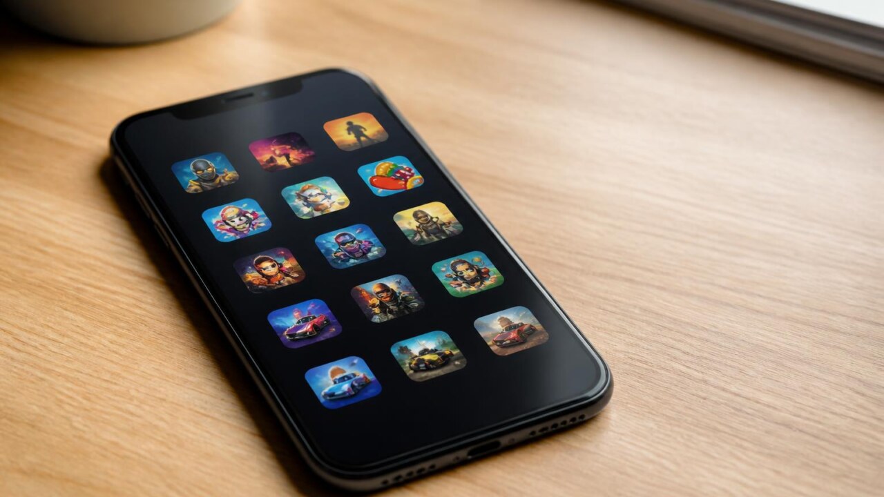 Smartphone moderno com ícones de aplicativos e jogos na tela sobre mesa, em estilo editorial