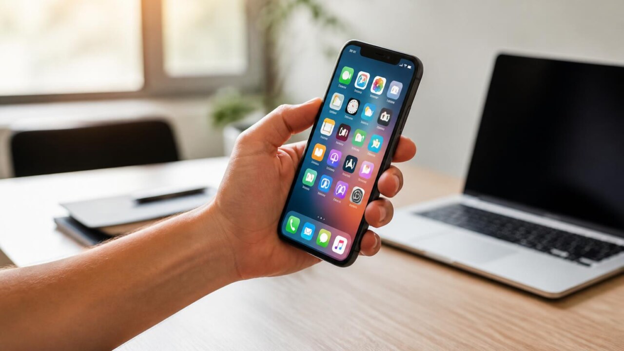 Pessoa segurando um smartphone com ícones de aplicativos visíveis na tela, em ambiente de trabalho moderno.