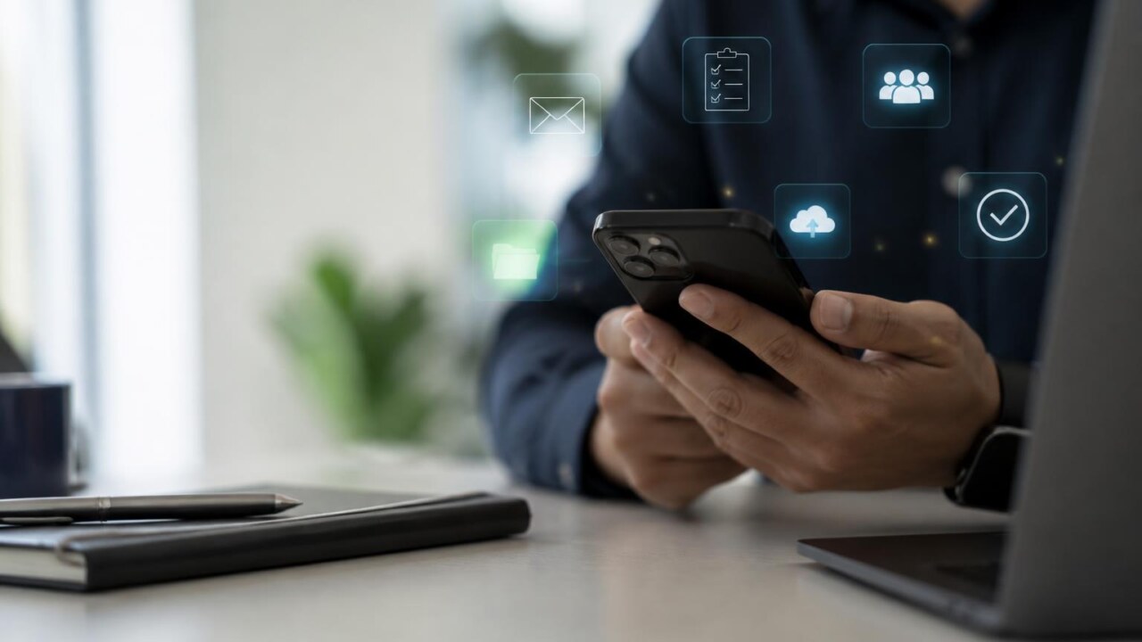 Pessoa segurando um smartphone com diversos ícones de aplicativos flutuando ao redor, representando produtividade e utilidade.