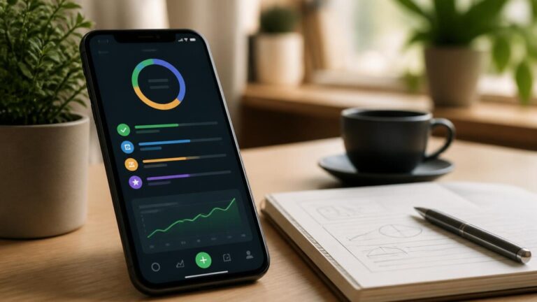 Pessoa usando um aplicativo de metas pessoais em um smartphone, com lista de objetivos ao lado.
