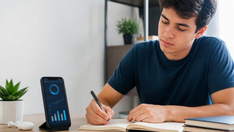 Pessoa estudando com smartphone e gráficos de desempenho ao lado, ambiente claro e moderno.