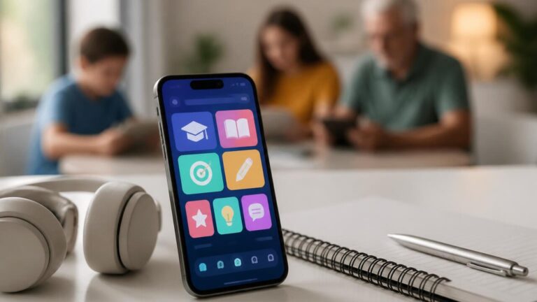 Smartphone moderno exibindo tela de aplicativo educativo com interface limpa, livros e ícones de aprendizado ao redor.