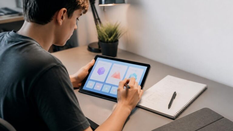 Pessoa usando tablet para estudar habilidades profissionais com anotações ao lado