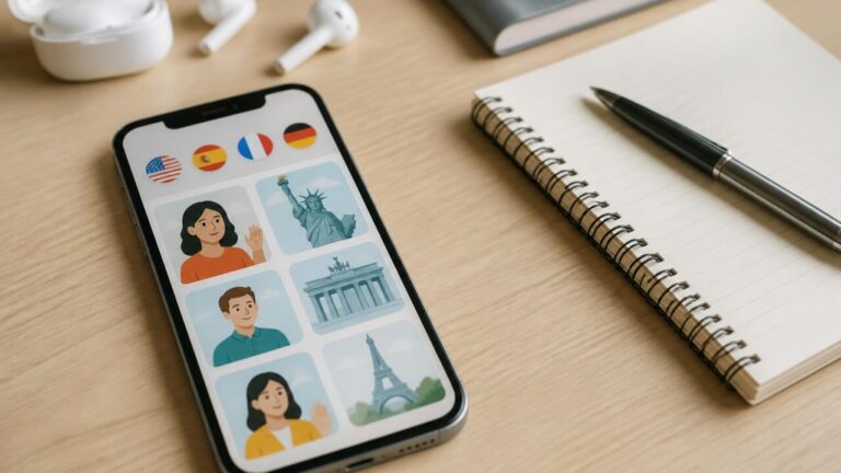 Tela de aplicativo de aprendizado de idiomas exibida em smartphone sobre mesa, com material de estudo ao lado.