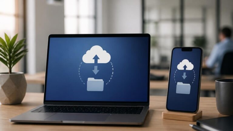 Pessoa transferindo arquivos entre smartphone e laptop em um ambiente de trabalho moderno