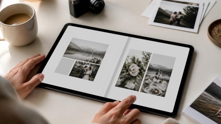 Pessoa organizando um álbum de fotos digitais em tablet, com layouts e textos em tela.