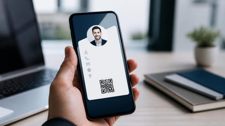Pessoa segurando um smartphone exibindo um cartão de visita digital com QR code em fundo de escritório moderno