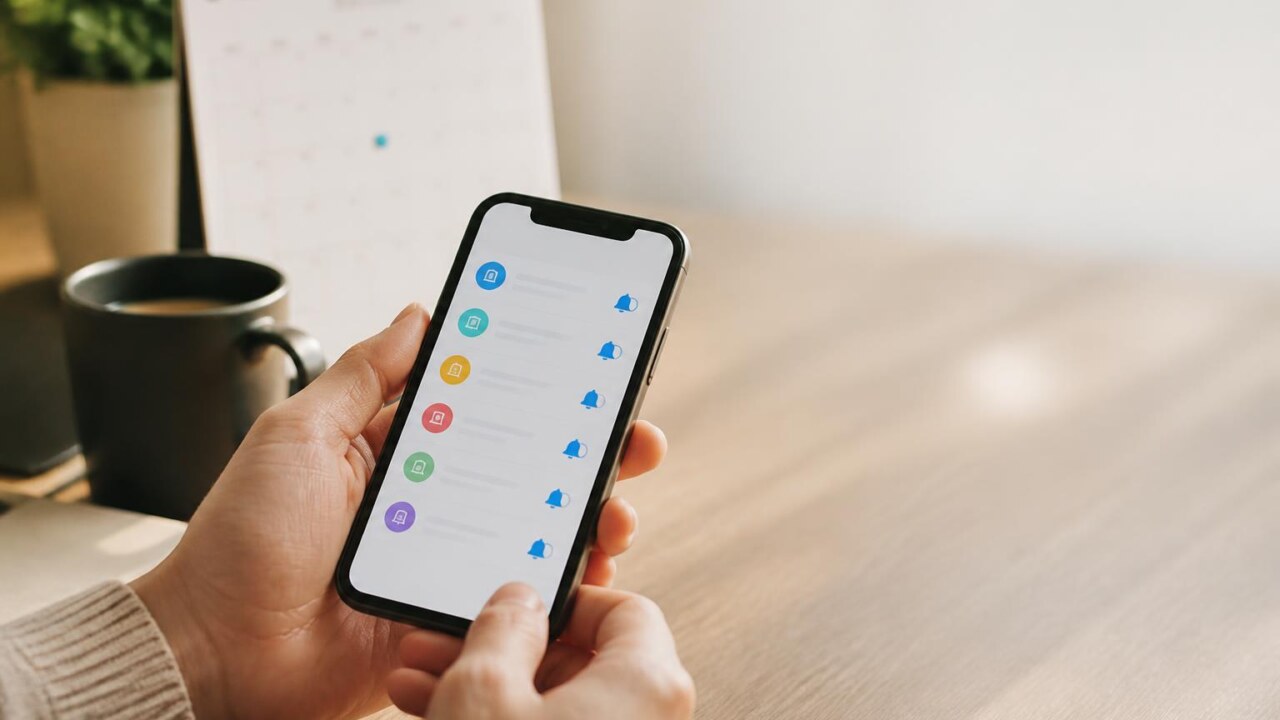 Pessoa consultando lembretes no smartphone com calendário e ícones de notificações ao fundo