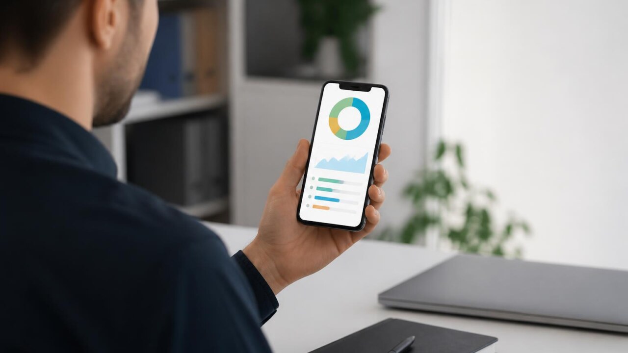 Pessoa segurando smartphone com tela mostrando gráficos de tempo de uso em um ambiente moderno