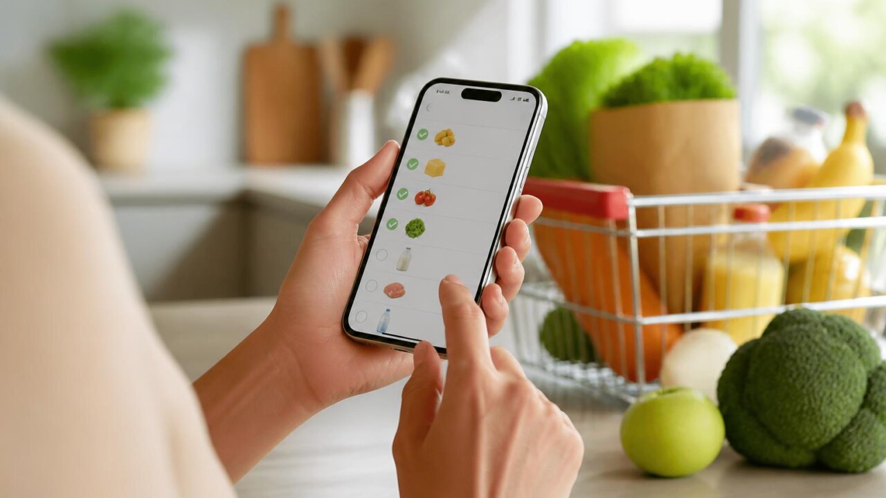 Pessoa usando um aplicativo de lista de compras em um smartphone, com itens marcados na tela e um carrinho ao fundo.