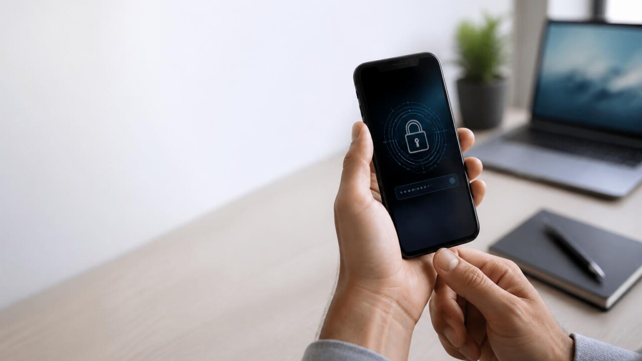 Pessoa usando smartphone com tela mostrando ícone de cadeado e senha gerada