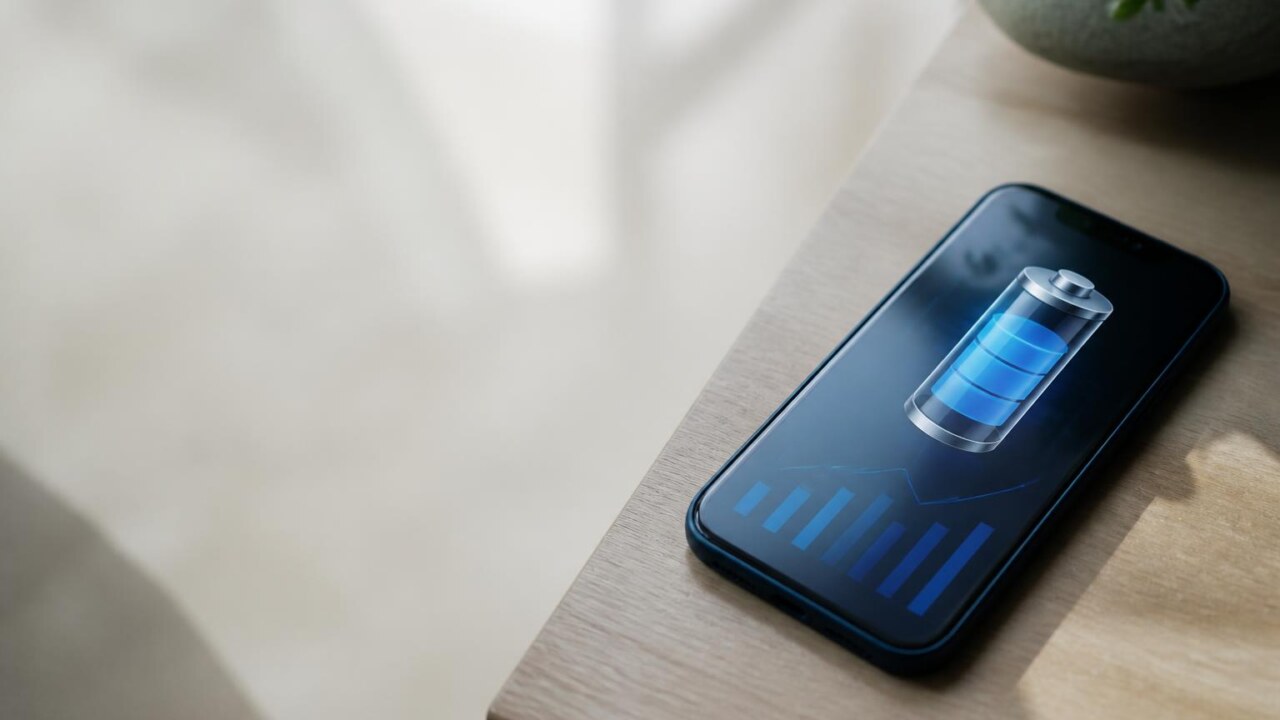 Smartphone sobre mesa exibindo ícone de bateria e gráficos de consumo