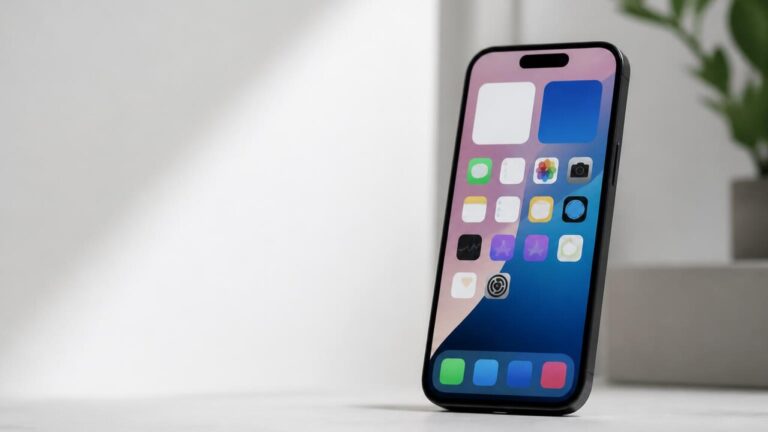 Smartphone organizado com ícones limpos e widgets em uma interface moderna