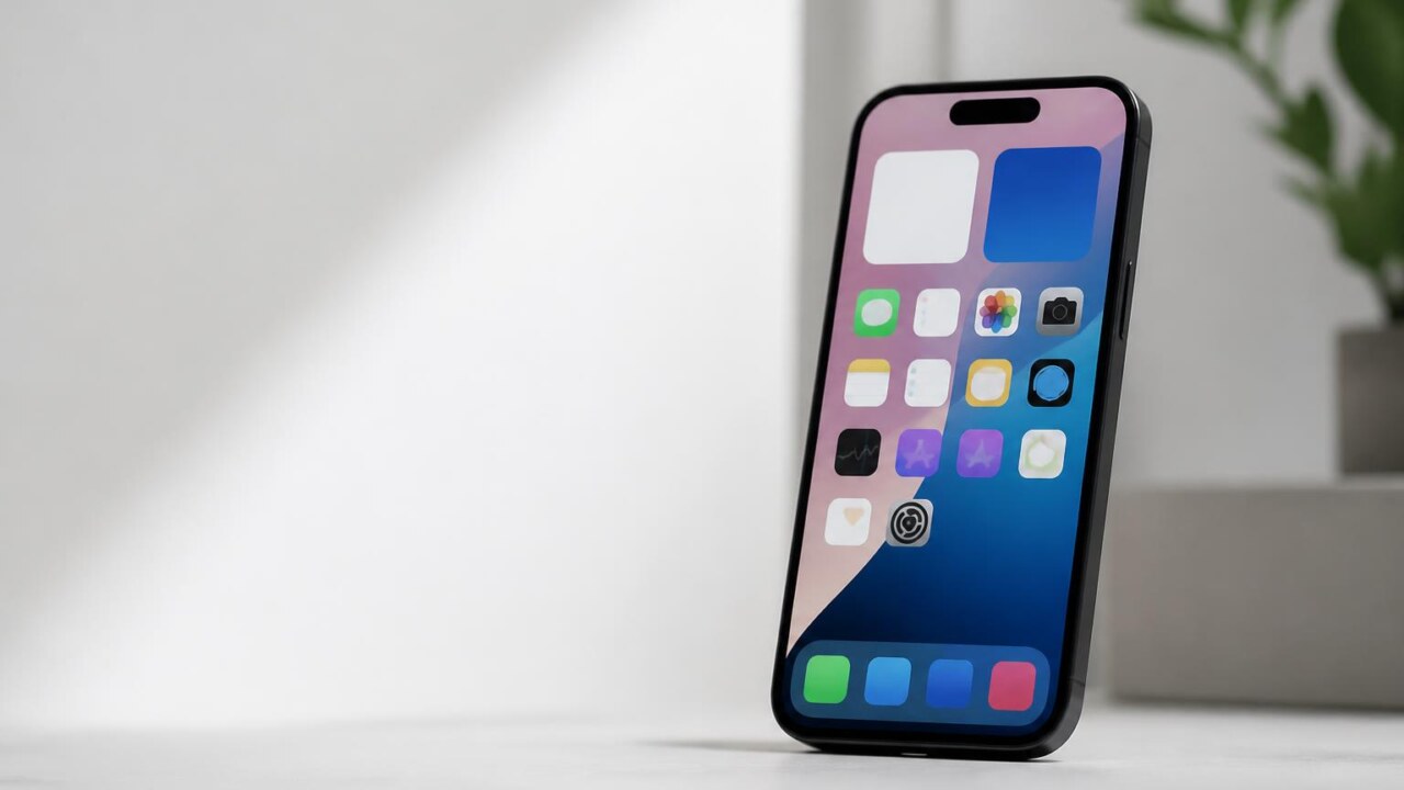 Smartphone organizado com ícones limpos e widgets em uma interface moderna