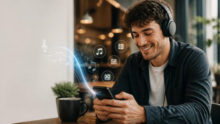 Pessoa escutando música com fones, cercada por ícones de notas musicais e playlists em um smartphone.