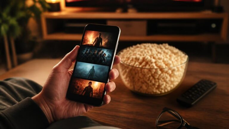 Smartphone mostrando recomendações de filmes, ao lado de pipoca e controles remotos em uma sala aconchegante.
