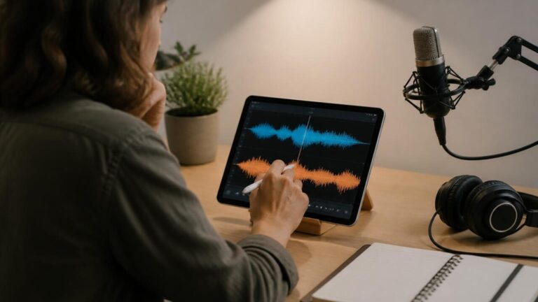 Pessoa editando uma gravação de voz em um tablet com visualização de forma de onda e fones de ouvido ao lado