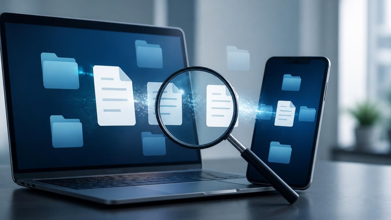 Representação editorial de arquivos digitais duplicados com ícones de pastas, lupa e dispositivos