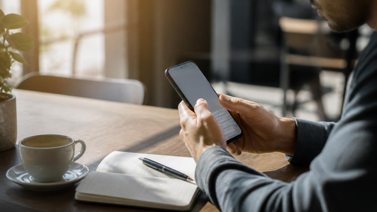 Pessoa digitando um texto em um smartphone sobre uma mesa com caderno e café ao lado.