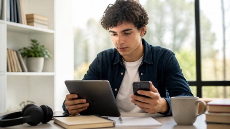 Estudante usando tablet e smartphone com aplicativos de estudo abertos, em mesa com cadernos e luz natural.