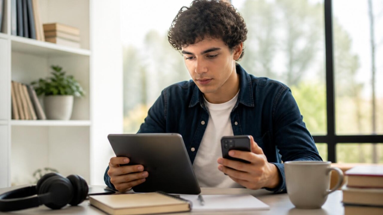 Estudante usando tablet e smartphone com aplicativos de estudo abertos, em mesa com cadernos e luz natural.