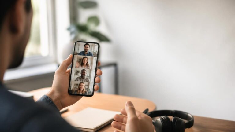 Pessoa segurando um smartphone mostrando uma chamada de vídeo em ambiente moderno e profissional
