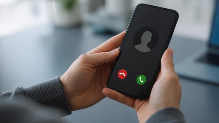 Pessoa segurando smartphone com tela mostrando identificação de chamada desconhecida em ambiente neutro