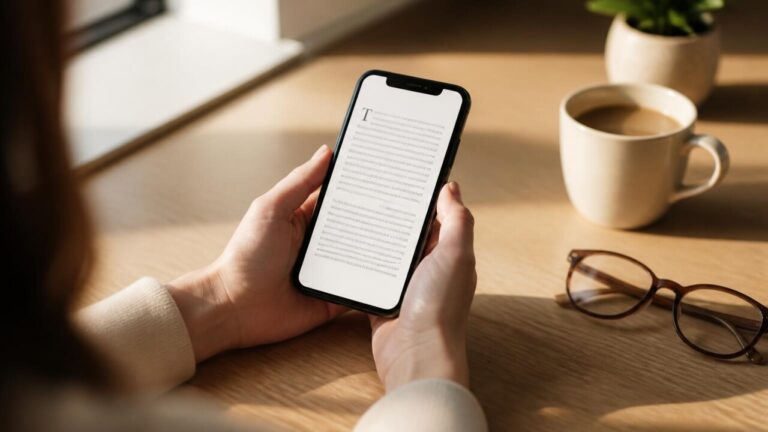 Pessoa segurando celular com aplicativo de leitura aberto e uma página de livro na tela