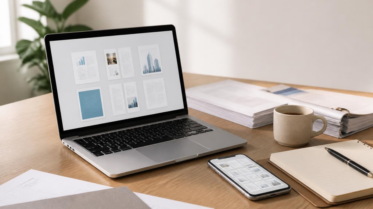 Mesa com laptop e smartphone exibindo pastas digitais organizadas, documentos e ícones de nuvem.