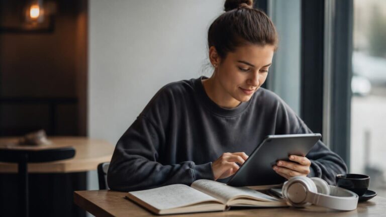 Pessoa lendo em um tablet com anotações digitais ao lado