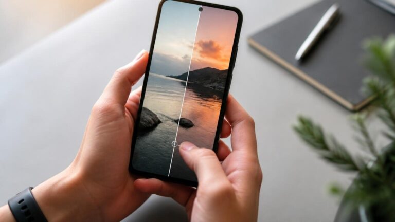 Mãos segurando smartphone com editor de fotos aberto, mostrando antes e depois de uma imagem em um layout limpo e moderno