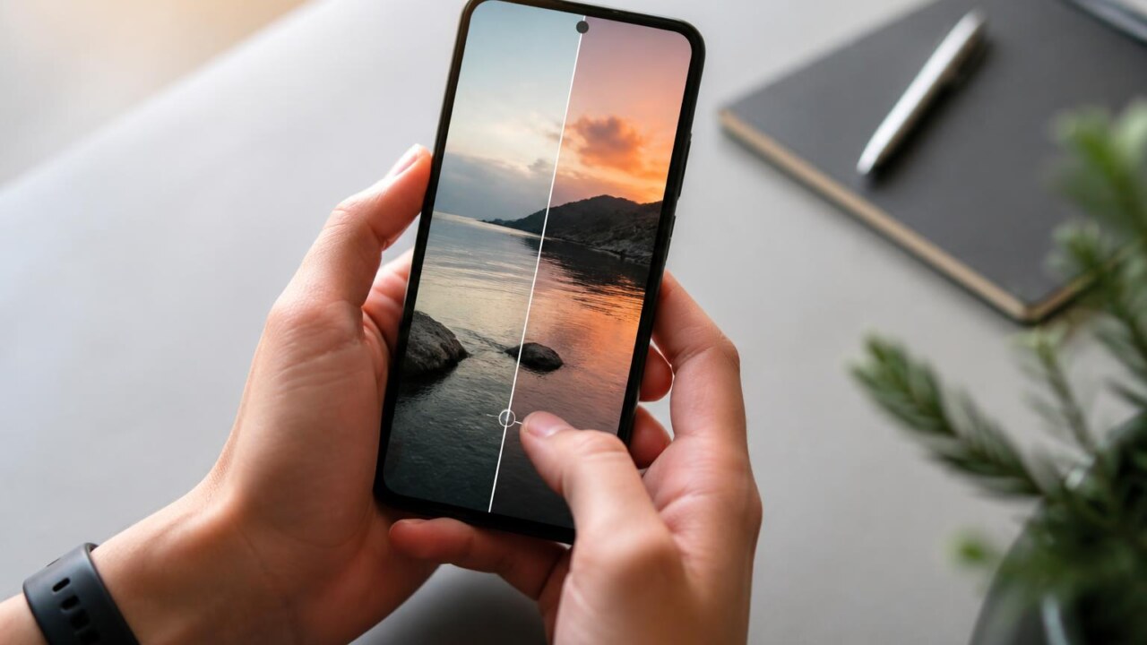 Mãos segurando smartphone com editor de fotos aberto, mostrando antes e depois de uma imagem em um layout limpo e moderno