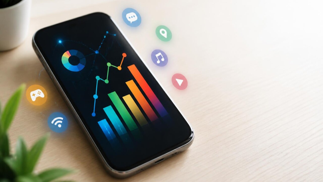 Tela de smartphone exibindo gráficos de consumo de dados móveis com ícones de aplicativos ao redor