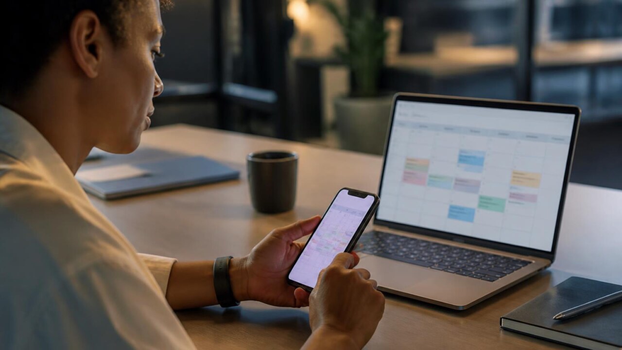 Pessoa usando um aplicativo de calendário em smartphone com agenda sincronizada em laptop ao fundo