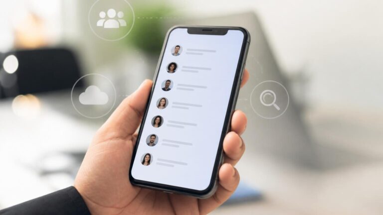 Pessoa organizando contatos no celular com ícones de grupos e nuvem ao fundo