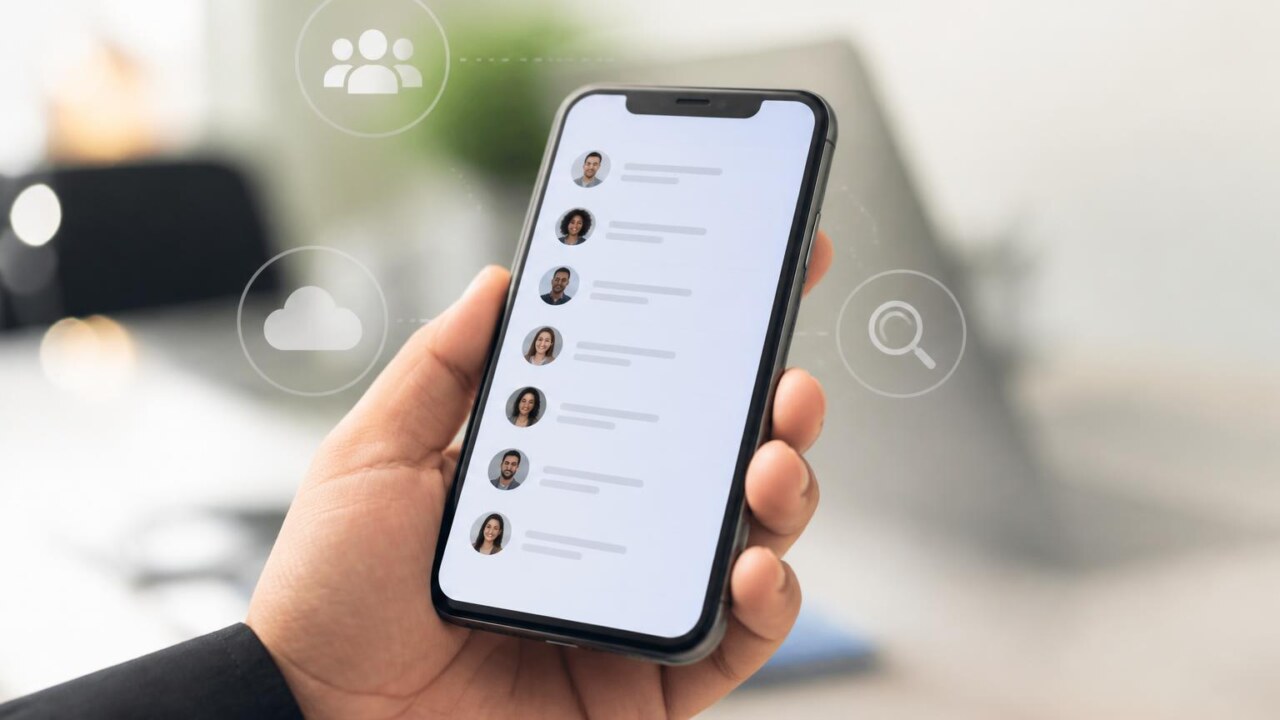 Pessoa organizando contatos no celular com ícones de grupos e nuvem ao fundo