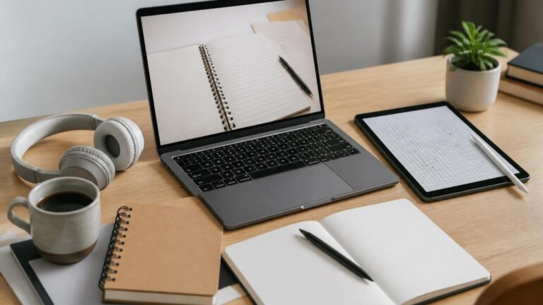 Mesa limpa com laptop e tablet exibindo notas digitais, cadernos organizados e materiais de estudo ao redor