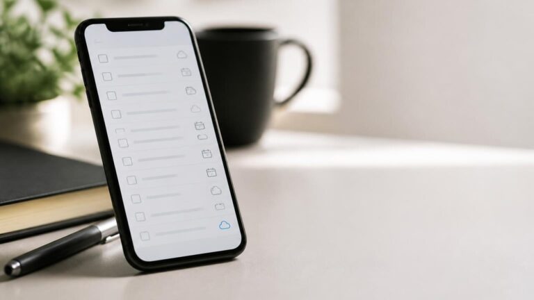 Smartphone exibindo lista de tarefas com interface limpa, em ambiente de trabalho moderno.