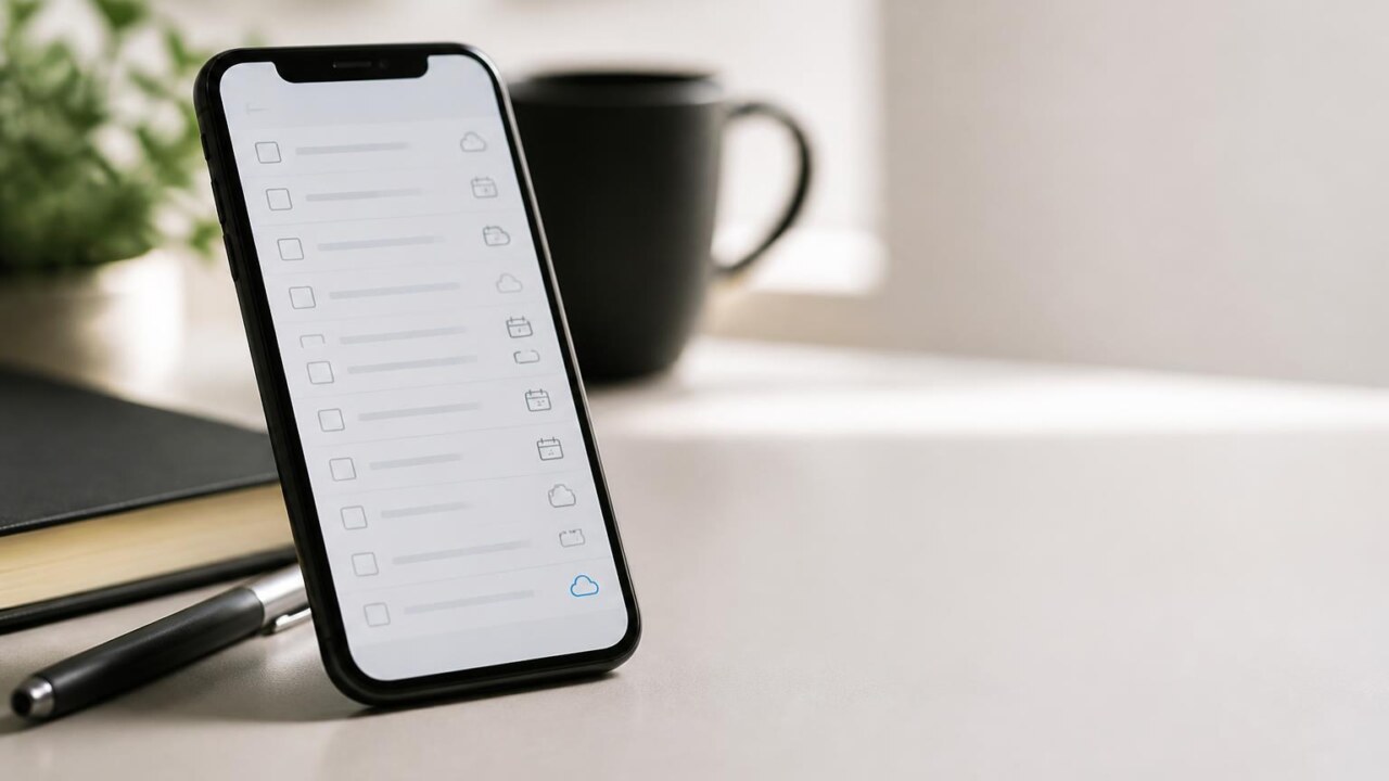 Smartphone exibindo lista de tarefas com interface limpa, em ambiente de trabalho moderno.