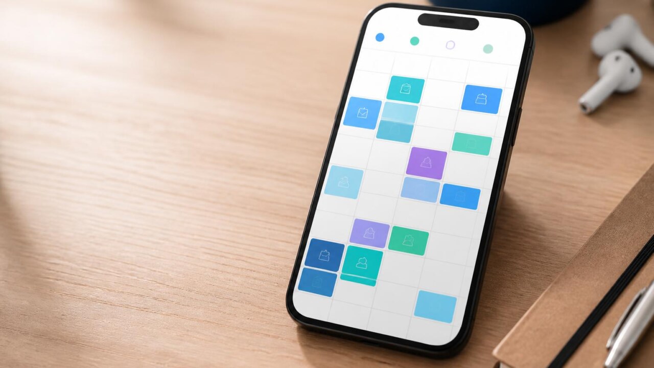 Smartphone exibindo calendário semanal com ícones de tarefas em mesa de trabalho moderna.