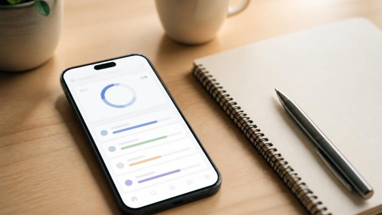 Pessoa organizando metas anuais usando um aplicativo em um smartphone sobre uma mesa com caderno e caneta.