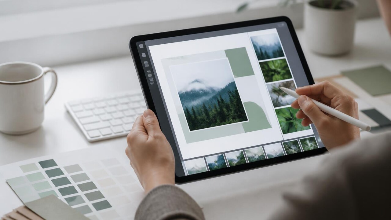 Pessoa trabalhando em tablet com layout de post para redes sociais na tela, rodeada por paleta de cores e elementos gráficos