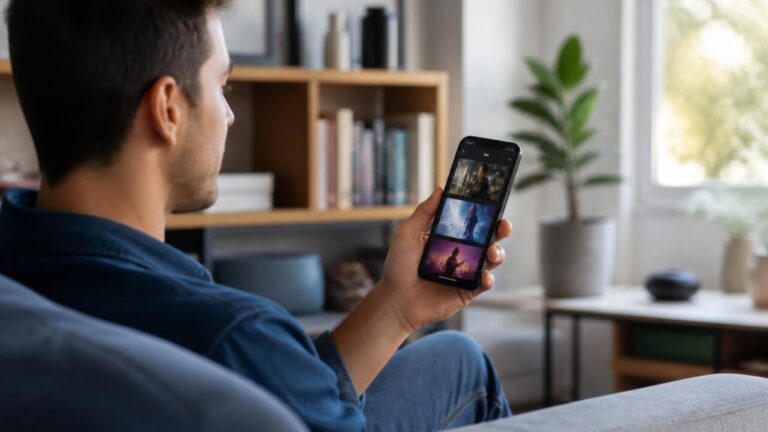 Pessoa usando smartphone em ambiente moderno, navegando por recomendações de séries, filmes e música