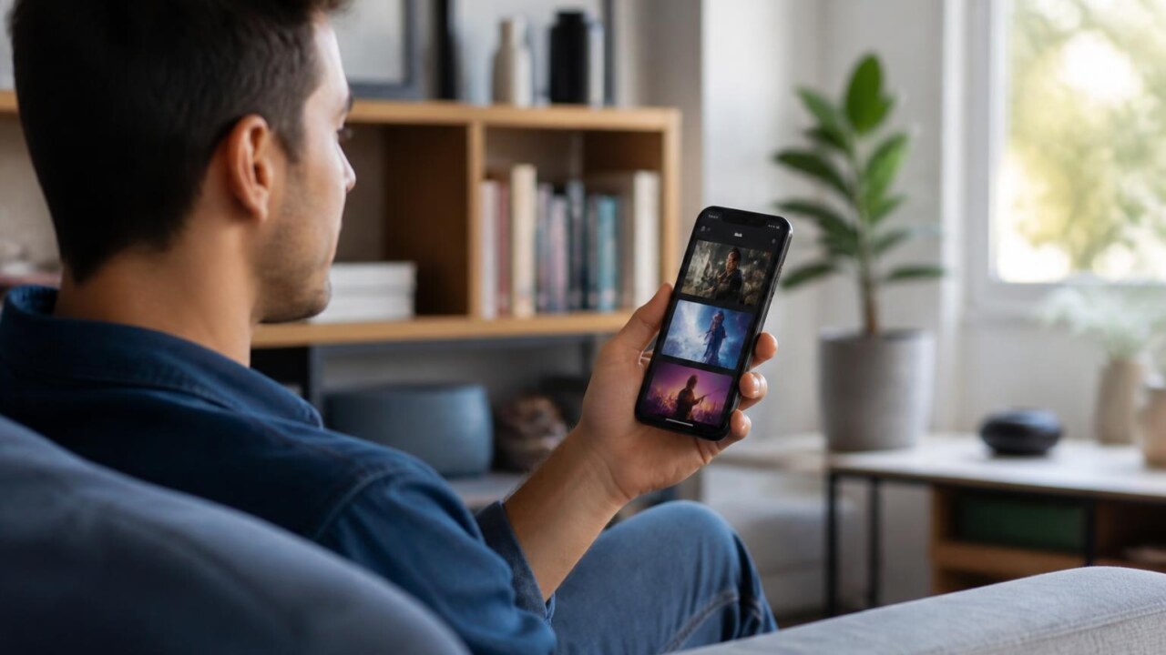 Pessoa usando smartphone em ambiente moderno, navegando por recomendações de séries, filmes e música