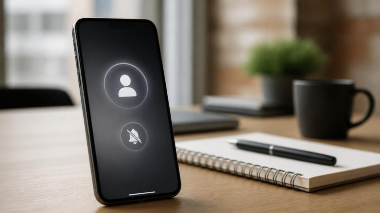 Smartphone sobre mesa exibindo ícone de foco, com fundo desfocado e ambiente de trabalho