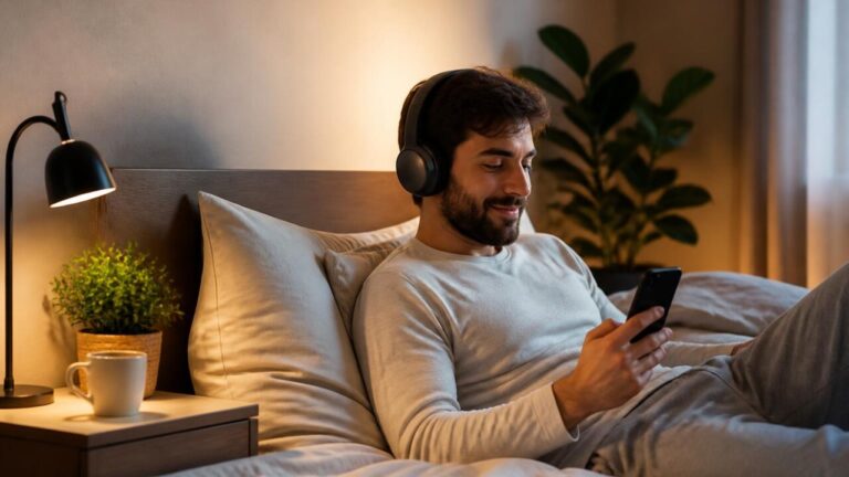 Pessoa relaxando na cama com fones e smartphone exibindo aplicativo de som relaxante