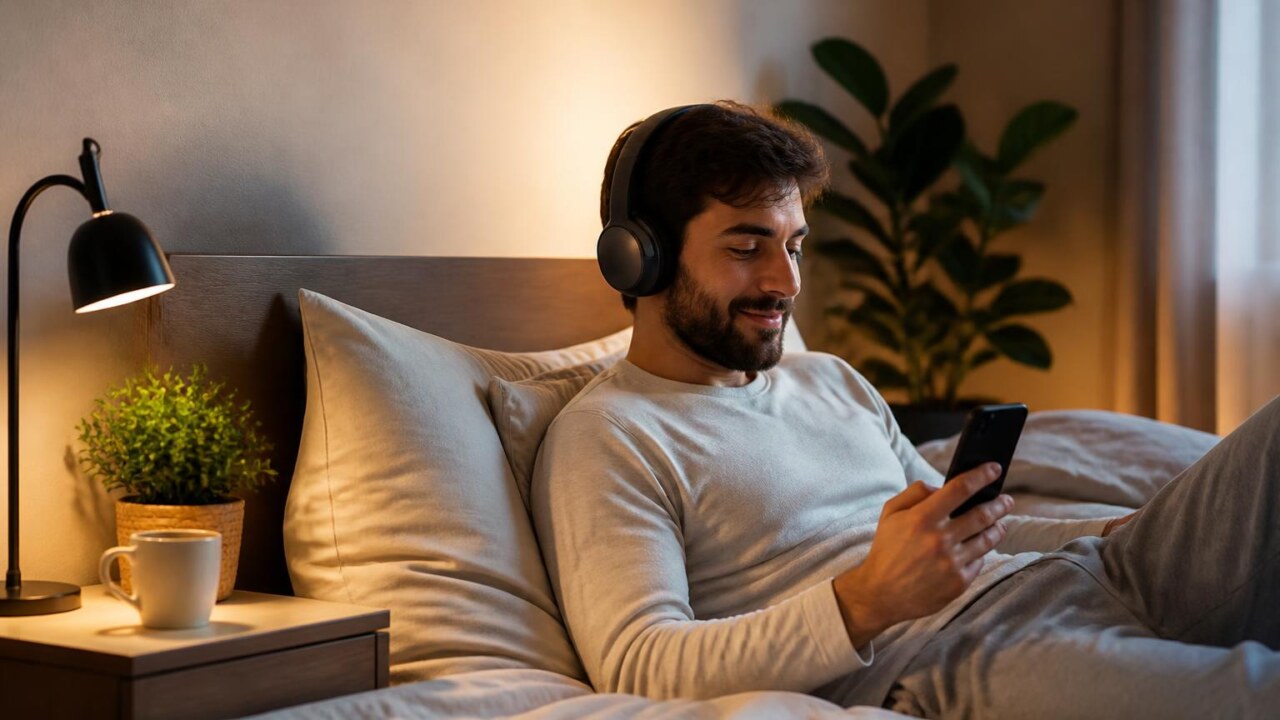 Pessoa relaxando na cama com fones e smartphone exibindo aplicativo de som relaxante